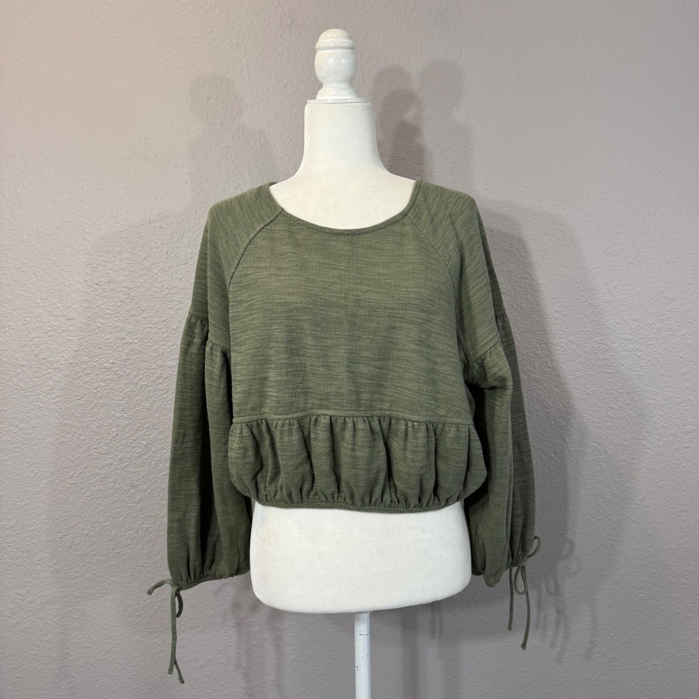 Aerie Women's Size S Olive Green Peplum Hem Tie Cuff Waffle Knit Top Tie Sleeves